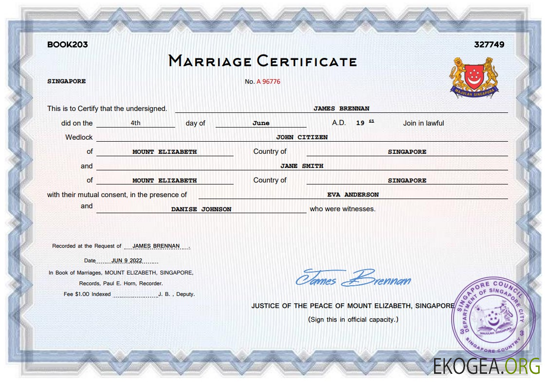 Modèle Word et PDF de certificat de mariage à Singapour